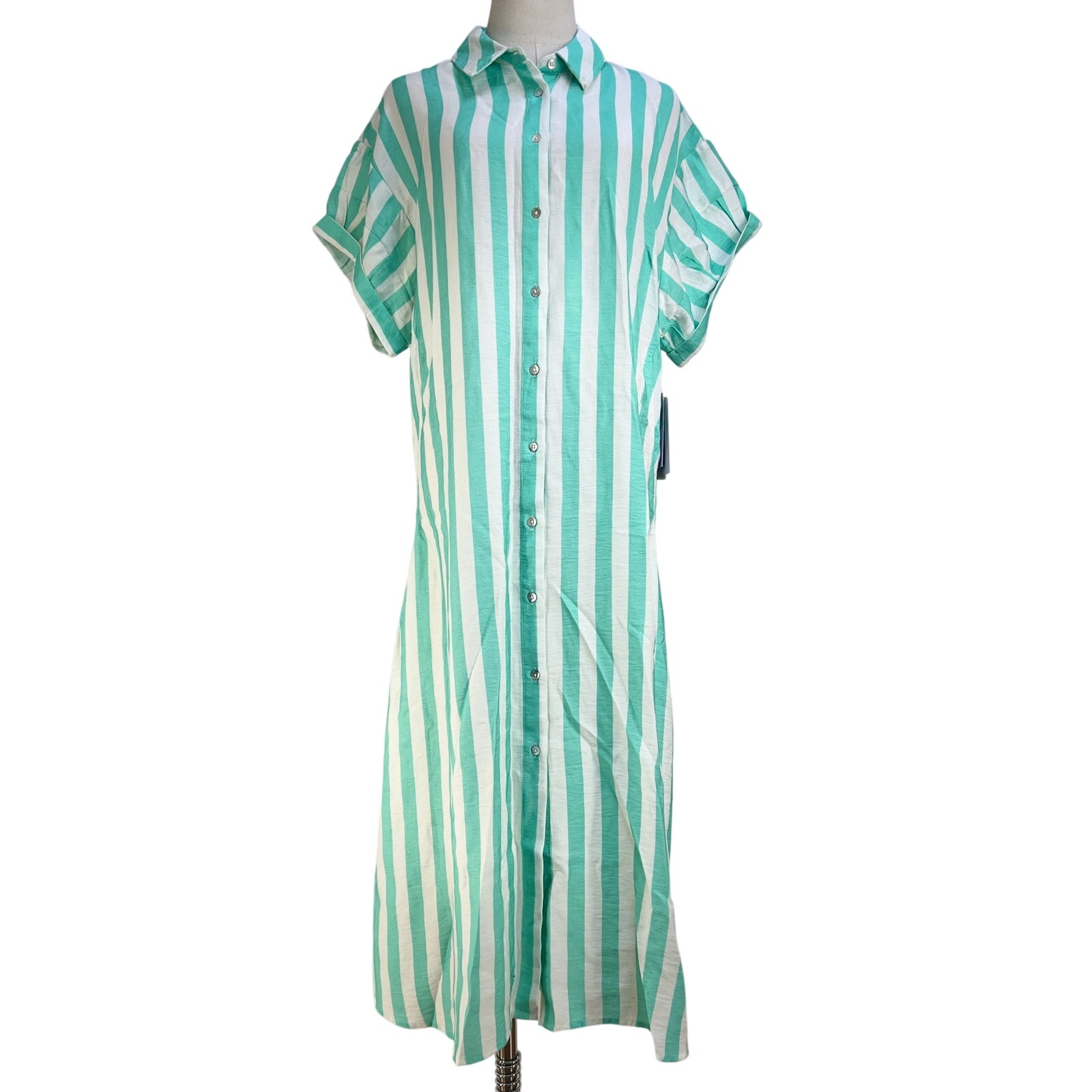 Never A Wallflower Aster Short Sleeve Shirt Dress Stripes Green
